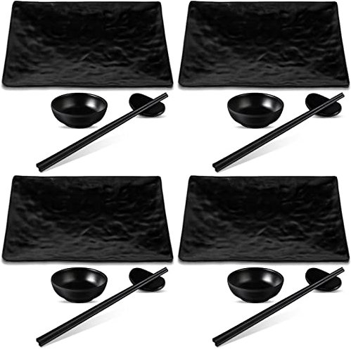 Didaey 16-teiliges Sushi-Teller-Set für vier, 4 Sushi-Teller im japanischen Stil, 4 Sojasaucenschalen, 4 Paar Essstäbchen und 4 Essstäbchenhalter, Sushi-Geschirr-Set