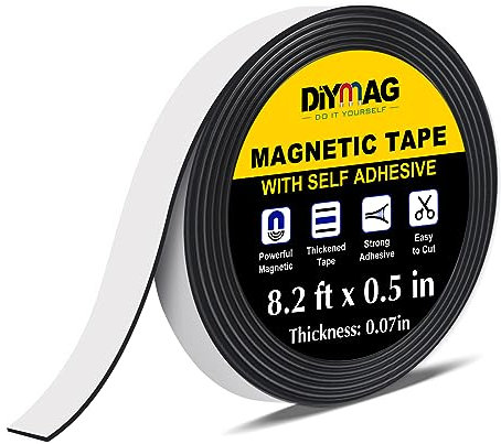 DIYMAG Cinta magnética, 1 rollo de tira magnética con fuerte cinta magnética autoadhesiva flexible para proyectos de manualidades, pizarras blancas y organización de refrigeradores, 1/2 pulgada de