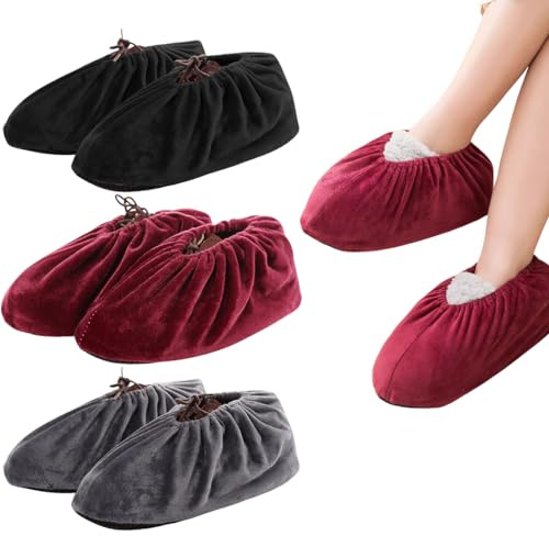 3 paires de couvre-chaussures en tissu flanelle - Lavables, réutilisables & imperméables | Antidérapants & adaptés à la plupart des chaussures adultes unisexes | 32*12CM (jusqu'à la taille 45)
