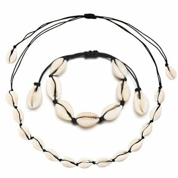 Qaziuy 2 Stück Muschel Halskette Armband Set,Damen Muschel Halskette Natürliche Muschel Armband Schmuck Verstellbares Boho Muschelkette für Damen Mädchen Sommer Strand Schmuck
