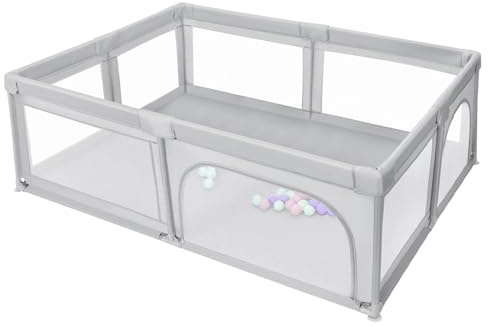 Parque para Bebés,Parque Infantil Bebe -Parques de Juegos para Bebé con Malla Transpirable, Corralito Bebe Plegable-Corralito bebe con 50 bolas oceánicas,205 * 147 * 66 cm - gris claro