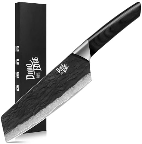 dimoedge Couteau de chef Damas, 17,8 cm Couteau japonais aiguisé avec lame martelée et manche en pakkawood, couteau bunka professionnel avec coffret cadeau, noir