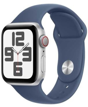 Apple Watch SE (2. Generation) GPS + Cellular 40 mm Smartwatch mit Aluminiumgehäuse in Silber und Sportarmband in Denim (S/M). Fitness und Schlaftracker, Unfallerkennung, Herzfrequenzmesser