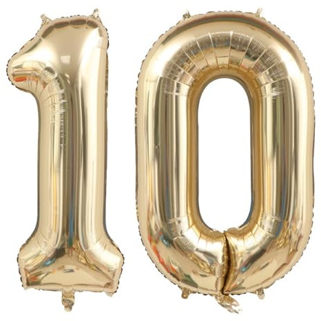 Alaoo Luftballong 10, födelsedagsnummer, 102 cm (40 tum), guld grädde folieballong, jättemånga ballonger för flickor och pojkar, födelsedagsfest, dekoration årsdag, dekorationer