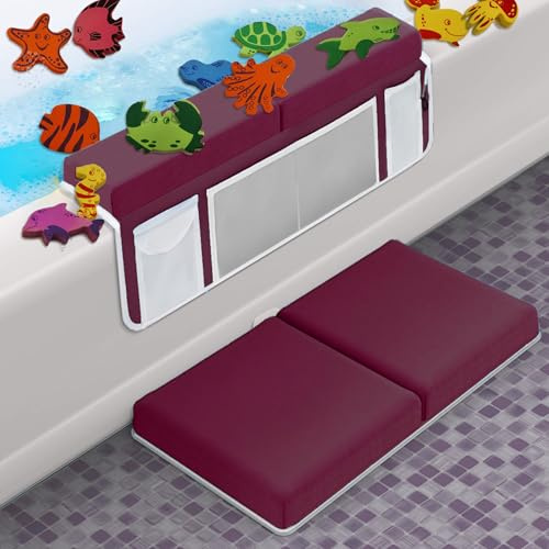 Bath Kneeler –8 Suction Cups & 1.5 Padding.Certified Non Toxic Bath Kneeling Pad for Bath Tub & 5 Bath Toy Organizer. Fast Dry Baby Bath Kneeler and Elbow Rest Pad Set by Supa Ant-Bordeaux