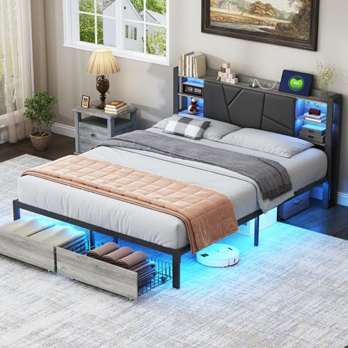 BRILVERDE Cama doble tapizada de 140 x 200 cm, 2 cajones, cama de almacenamiento con iluminación LED y función de carga USB, cama moderna con marco de metal (140 x 200 cm)