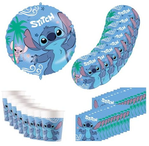 Procos - Vaisselle de fête Disney Stitch, 37 pièces de décoration d'anniversaire comprenant 8 assiettes en carton, 8 gobelets en carton, 20 serviettes et un ballon en plastique, décoration de table