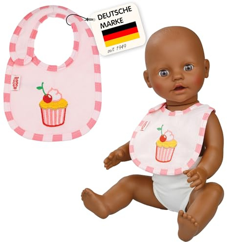 Heless 255 - Accesorio para muñeca Babero Emily's Cupcake, en Rosa y con Bordados, Adecuado para muñecas y Peluches de Todos los tamaños
