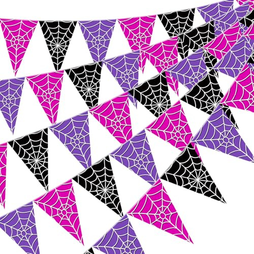Tiamon 5 Pcs Wednesday Birthday Party Decorations Halloween Spider Web Birthday Triangle 49.2 ft Flag Black Purple Pink Pennant Banner Spider Garland Streamer for Baby Shower Party Supply