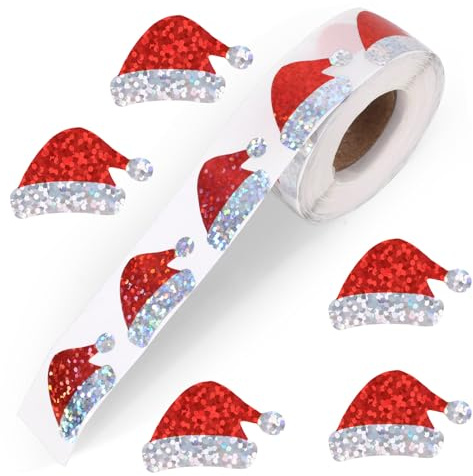 500pcs Santa Hat Stickers, Glitter Christmas Hat Stickers Roll Self-Adhesive for Xmas Envelopes Cards Gifts Party Decorations Holiday Supplies