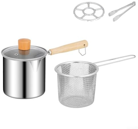 MeevrgR Poêle à frire en acier inoxydable avec poignée en bois pour cuire les nouilles et le lait bouillant, compatible avec les cuisinières à gaz, induction, halogènes, comprend un panier perforé
