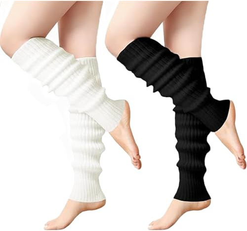 Hotcho Lot de 2 paires de jambières en tricot côtelé pour femme, 50 cm de long, style années 80, style Y2K, noir et blanc, accessoires de mode rétro pour ballet, danse, yoga, patinage sur glace