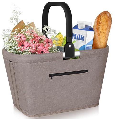 25 l vikbar shoppingkorg, picknickkorg med vadderade handtag, 600D Oxford-tyg stor transportkorg för familjen, praktisk shoppingväska för resor, picknick, shopping, presenter - khaki