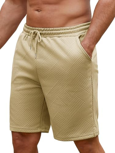 Vorvowry Mens Textured Knit Shorts Casual Summer Lounge Short with Drawstring Elastic Waist Athletic Jogger Short with Pockets Khaki XL