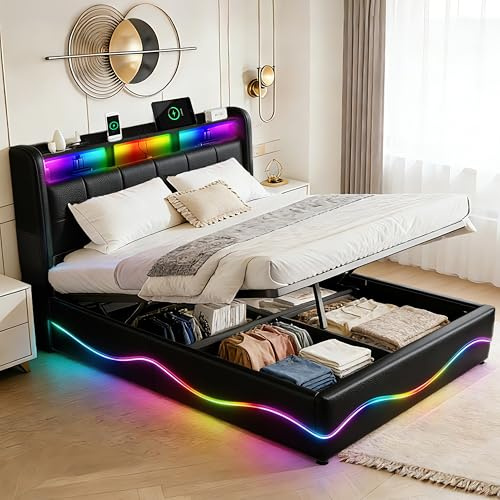XMFFPM 160x200 cm Svart Klädd Förvaringssäng med Läderhuvudgavel, USB- och Type-C-laddning, Ribbjässystem och Ljuddämpande Füllning, LED-belysning, Gaslyftsäng