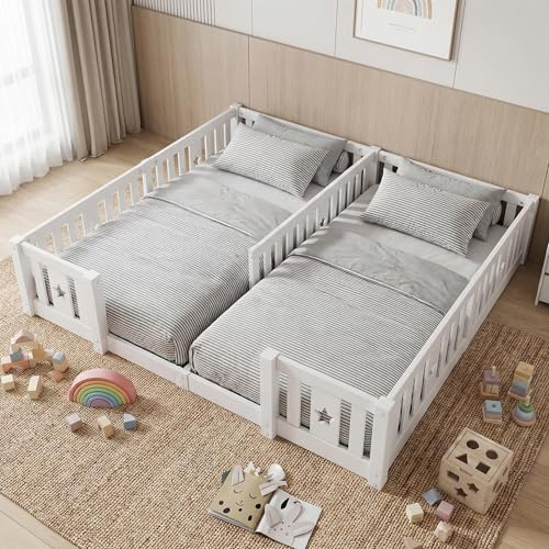 Montessori barngolvsäng 90 x 200, dubbelsäng med säkerhetsgrind och ribbunderlag, Montessori barnsäng i massivt trä, för familjer med två barn, pojkar och flickor, vit