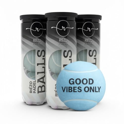 Riezo Good Vibes Only Lot de 9 balles de padel bleu glacier - Qualité FIP - 45 % laine - Édition limitée