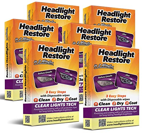 Clear Lights Tech Headlight Restoration Kit - Headlight Cleaner 3-Wipe System Restores Clarity, Removes Yellowing & Oxidation, Improves Nighttime Driving Safety, Long-Lasting UV Protection (6)