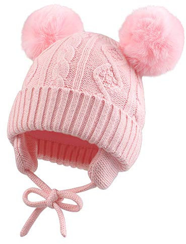 XIAOHAWANG Baby Mädchen Mütze Strickmütze Winter Hut Warme Wintermütze Doppelpompon für Unisex Baby (6-24 Monate, Rosa,M)