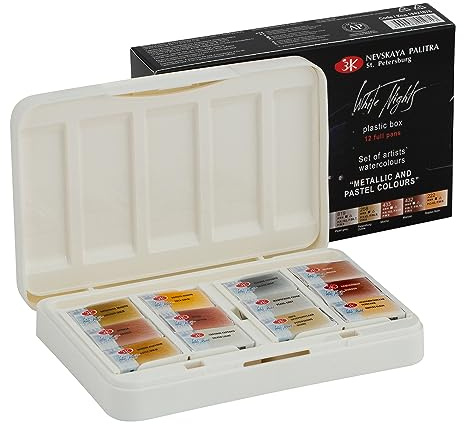 White NIghts Nevskaya Palitra Aquarellfarben-Set, extra fein, professionelle Künstlerqualität, 12 volle Näpfchen, Metallic-Farben in Kunststoffpalette