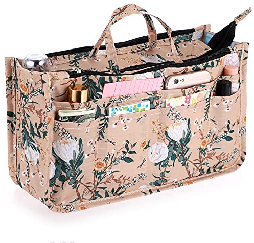 SUMTree Organisateur de sac à main Sac de rangement intérieur 15 poches avec fermeture éclair pour portefeuille,maquillage,clés,petites affaires (fleurs blanches)