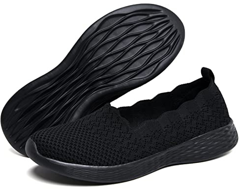 poemlady Women's Wide Slip on Loafer Shoes - Mesh Casual Ballet Flat Nurse Walking Sneakers Knit Round Toe Casual Low Wedge Wide Shoes, 1906 B/All Black 6.5
