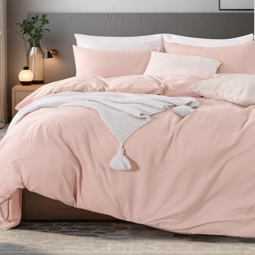 NEXHOME PRO Påslakanset queen size linne känsla texturerad organisk naturlig 100 % tvättat bomull påslakan, 3-delat bäddset med dragkedja, andningsbar dammrosa (inget täcke)