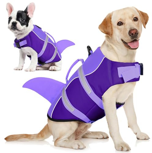AOFITEE Schwimmweste Hund Klein, Hundeschwimmweste Hai für Schwimmen, Hohe Flotation Rettungsweste mit Rettungsgriff und Reflektorstreifen für Kleine, Mittlere, Große Hunde, Lila XS