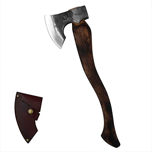 WICING Camping Axe - 21 inches Chopping Axe for Wood Splitting and Kindling, 1055 High Carbon Steel and Beech Wooden Handle, with Leather Sheath - Head 1.5 lbs