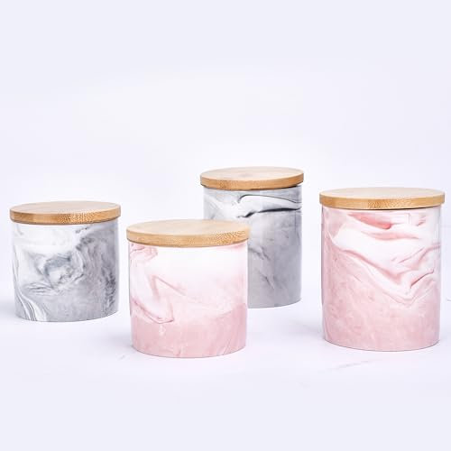 Regal Trunk & Co. Ceramic Canister with Bamboo Lid, Set of 4 - Tea, Coffee, Sugar, and Biscuit Storage Jars for Kitchen -Containers in Pink and Grey - Stylish Ceramic Canisters