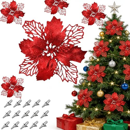 15 stycken glitter julstjärna, glittrande konstgjorda julstjärnblommor, juljuljuldekorationer , julblomma för en gnistrande festdekoration! (röd)