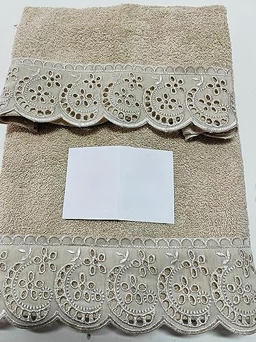Corredocasa Asciugamano in Spugna 1+1 con Dettagli in Pizzo, Formato da Un Asciugamano Viso e Un Asciugamano Ospite per Un Confort Naturale, Semplice e Soffice (Beige)
