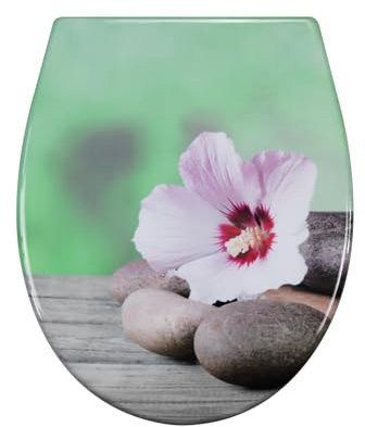 Fanmitrk WC Sitz mit Absenkautomatik, Toilettendeckel mit Schnellverschluss, Duroplast Klodeckel Montage von oben, Klobrille mit Motiv (Steine Blume)
