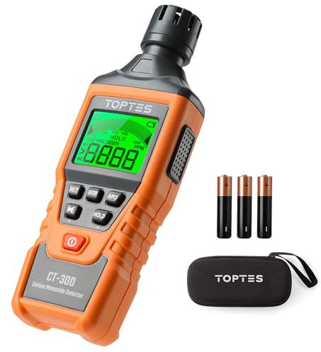 TopTes CT-300 Tragbarer CO-Detektor, CO-Detektor mit akustischem und optischem Alarm, 0-5000PPM, hintergrundbeleuchtetes Display, für Haus, Auto, Camping & Reisen (inkl. Batterie x3) - Orange