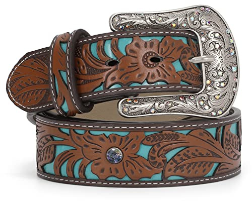 WERFORU Women's Vintage Leather Belt Ladies Turquoise Western Belt Cowgirl Faux Leather Belt for Jeans Pants