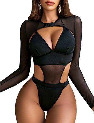 Avidlove Body Femme Sexy Chic Ensemble de Lingerie Transparent Bodysuit | Boléro en Maille de Boucle, Haut Tulle à Manches Longues, Modèle dos nu col en V, Tenue Festival Rave Party Fête Clubwear