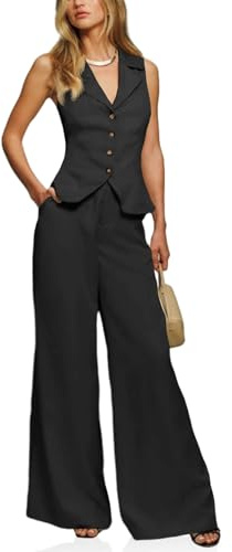Cicy Bell Womens Vest Sets Summer 2 Piece Outfits Button Crop Blazer Vest and Wide Leg Pant Suits Black