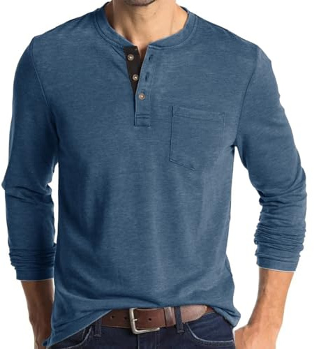 Mens Polo Shirts Henley T Shirts Collarless Grandad T Shirt Golf Shirts Long Sleeve Tops Denim Blue T Shirt Men L