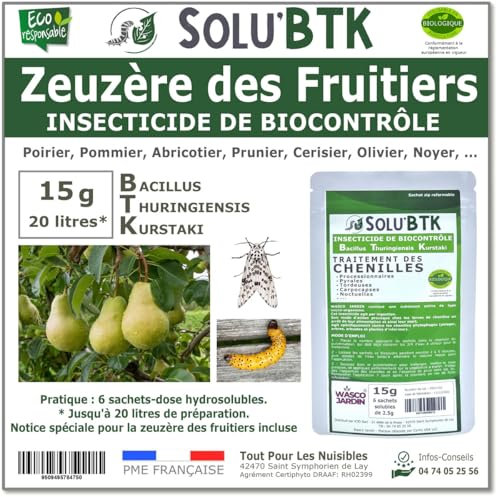SoluBTK - Zeuzère des fruitiers: Poirier, Pommier, Abricotier, Cerisier, Prunier, Olivier ... 15 g Bacillus thuringiensis BTK - Insecticide Utilisable en Agriculture Biologique - Traitement chenilles