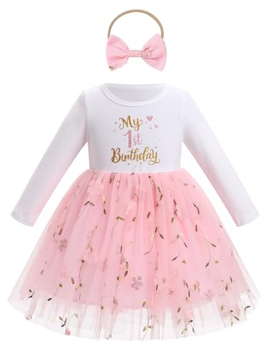 FYMNSI Baby Girls 1st First Birthday Outfit Flower Embroidery Tulle Tutu Princess Dress Toddlers Kids One Year Old Party Photo Shoot Fall Winter Spring Casual Cotton Long Sleeve Dresses Pink 9-12M