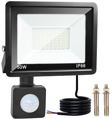 OUSIDE LED-Strålkastare Med Rörelsesensor, 50W Utomhusstrålkastare IP66 Vattentät, 4300LM 6500K Kallvitt Ljus För Gårdar, Garage, Entréer, Korridorer Och Gångvägar,220-240V AC