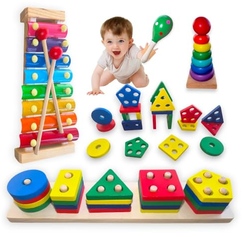 4 en 1 Juguetes Montessori Bebés 6 a 36 Meses, Juego Sensorial Apilable de Madera, Desarrollo Motricidad Fina y Coordinación Mano-Ojo, Regalos Educativos Niños 1 2 3 Años