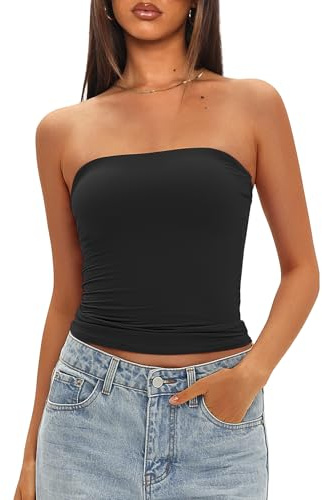 Darong Womens Tube Tops Strapless Crop Tops Double Lined Basic Going Out Tank Top Bulit in Bra 9205 Black S