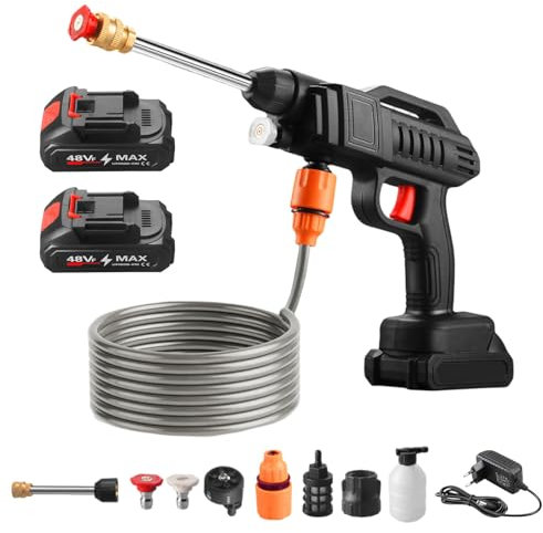 Pulitrice ad alta pressione a batteria portatile 21 V 60 Bar, 3 in 1, con 2 batterie e tubo da 5 m, pistola ad alta pressione portatile ad alta pressione per lavaggio auto, terrazza, finestra