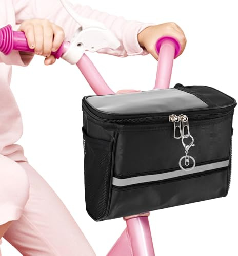 TGUS Kids Bike Basket, Front Frame Scooter Basket Bag, Handlebar Bag Organizer for Boys Girls with Clear Phone Pouch, Bike Decoration for Most Children's Bikes(Color:Black)