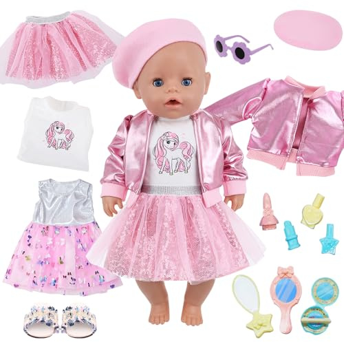 Mineup 2 Sets Vêtements De Poupée, Poupée Habit Tenue Poupée pour Bébé De 35 À 45 Cm, Vêtements pour Poupées De Bébé avec Ensemble De Jouets De Maquillage, Pantoufles, Lunettes, Cadeaux pour Filles