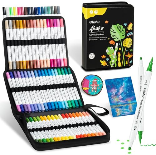Ohuhu Marcadores de pintura acrílica de núcleo de algodón: 72 colores de doble punta (pincel y punto), marcadores acrílicos de alta opacidad, impermeables, resistentes a la luz, para pintura de rocas