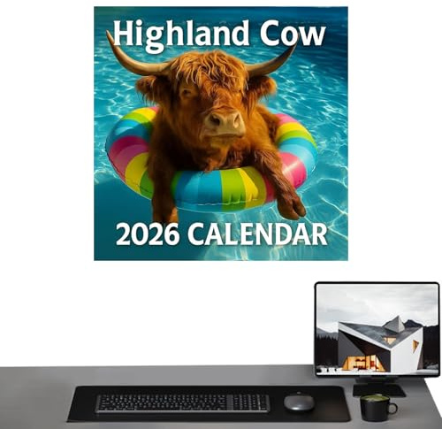Calendario 2026, 12, motivo delle Highland, planner mensile in carta spessa, per Natale, decorazione per casa, scuola, ufficio, appartamento, classe, famiglia, insegnante, studente