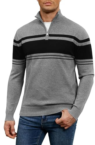 Genfien Jersey para Hombre con Cremallera Cuello Alto Jersey de Punto Manga Larga Rayas Clásicas Suéter Invierno Caliente Slim Fit