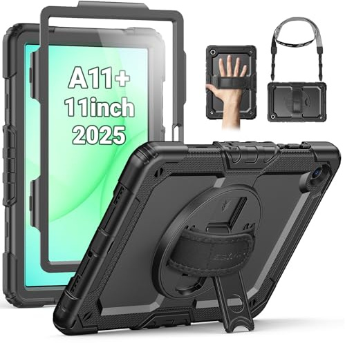SEYMAC Case for Samsung Galaxy Tab A11 Plus (2025) 11 inch, Shockproof Protective for Galaxy A11+ Tablet Case With Screen Protector/ 360° Rotating Hand Strap & Stand (SM-X230/X235/X236), Black